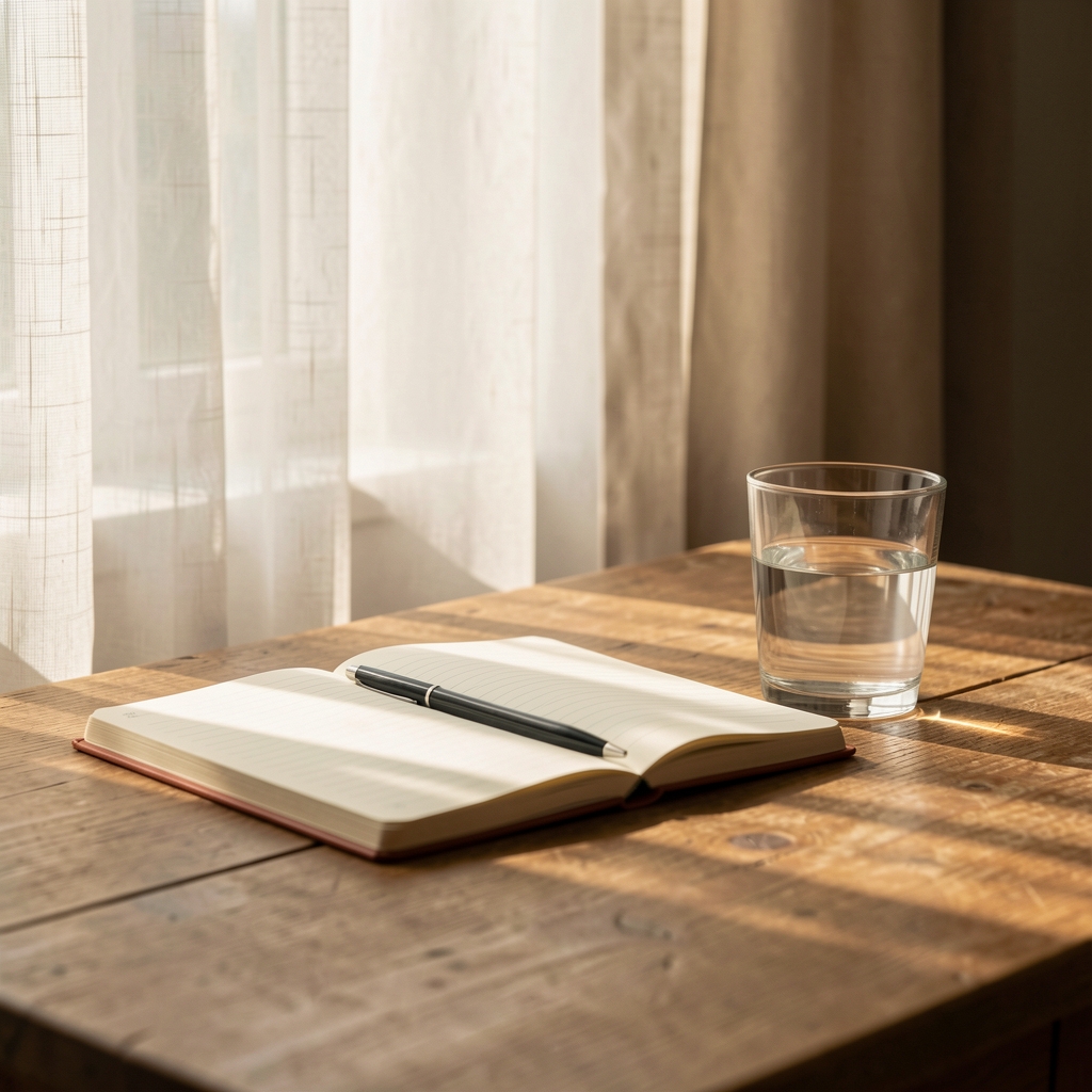 Close-up of a bedroom window at dawn with soft morning light filtering through sheer curtains casting gentle shadows on a wooden bedside table with a glass of water and a closed journal