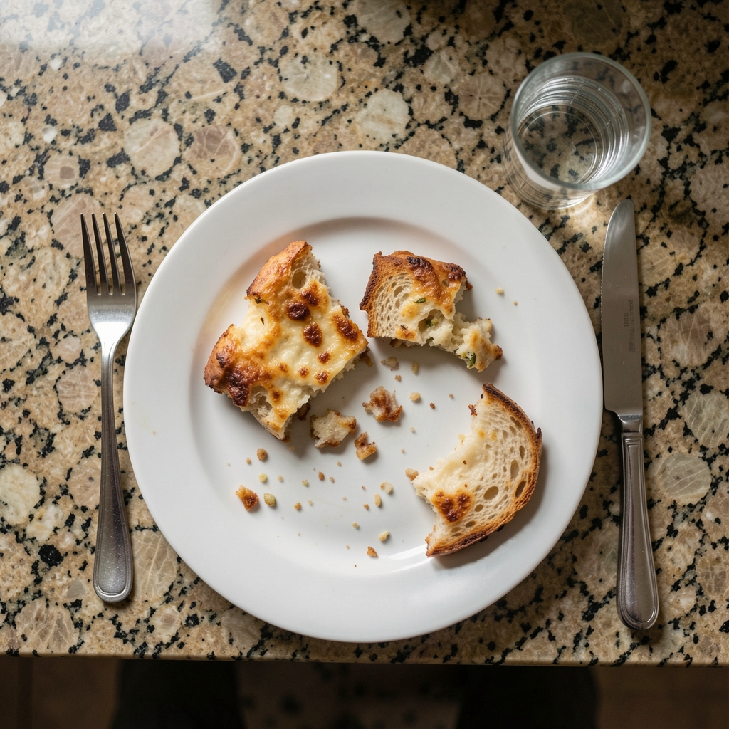 A kitchen counter in warm afternoon light showing a simple meal preparation scene with whole foods a cutting board and a ceramic bowl on a neutral stone surface