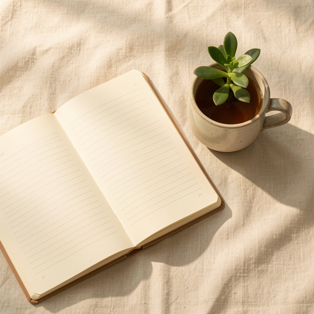 Warm editorial flat lay of an open notebook beside a ceramic cup of tea and a small plant on a cream linen surface in soft morning light